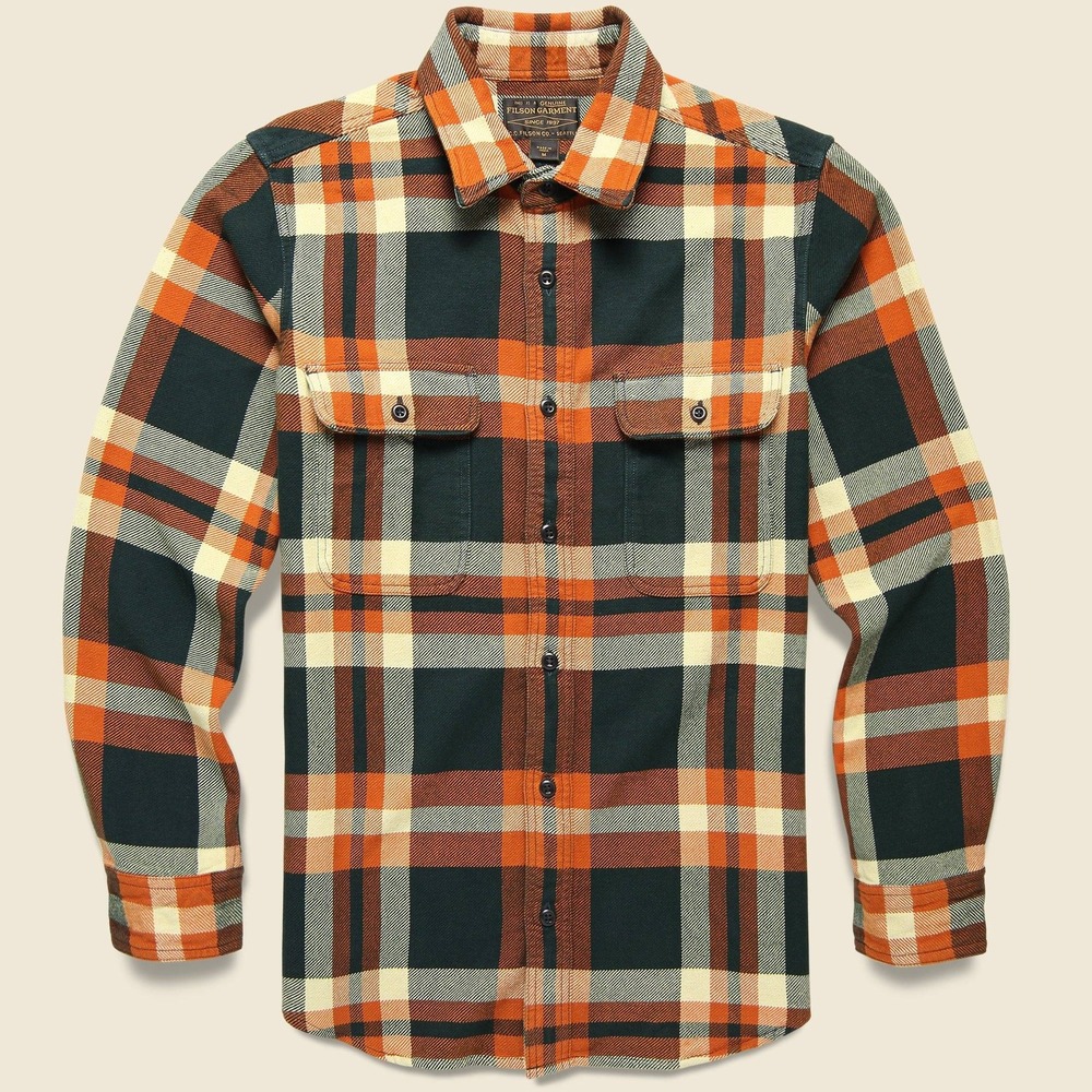Filson Vintage Flannel Work Shirt Mens Sz XL Fir Rust Plaid Brushed Cotton Twill